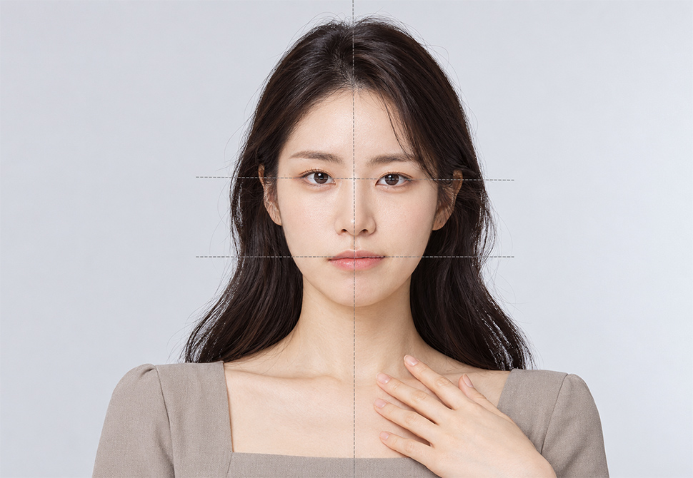 목에 손을 얹은 여성 – 균형과 조화가 틀어진 안면비대칭